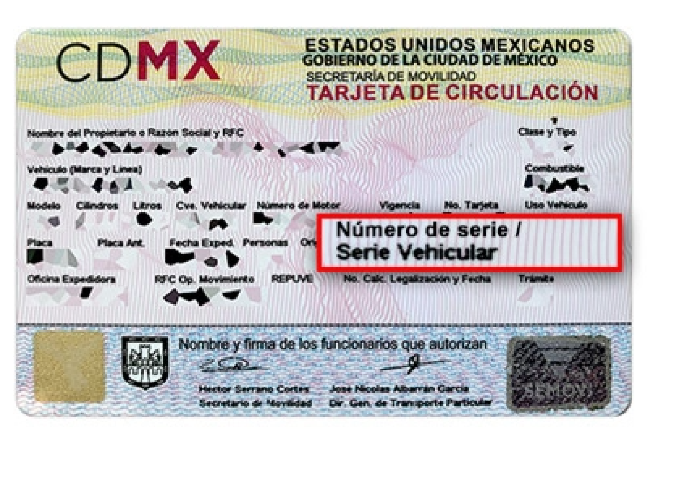 Ubicación del VIN en la tarjeta de circulación